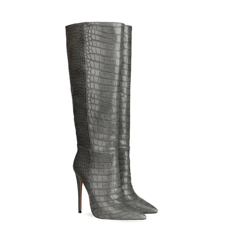 Pointed Toe Stiletto Boots for Women, Snake Pattern Sleeve, Long Tube Shoes, European and American Fashion, Winter