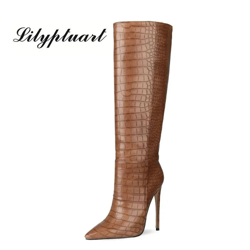 Pointed Toe Stiletto Boots for Women, Snake Pattern Sleeve, Long Tube Shoes, European and American Fashion, Winter