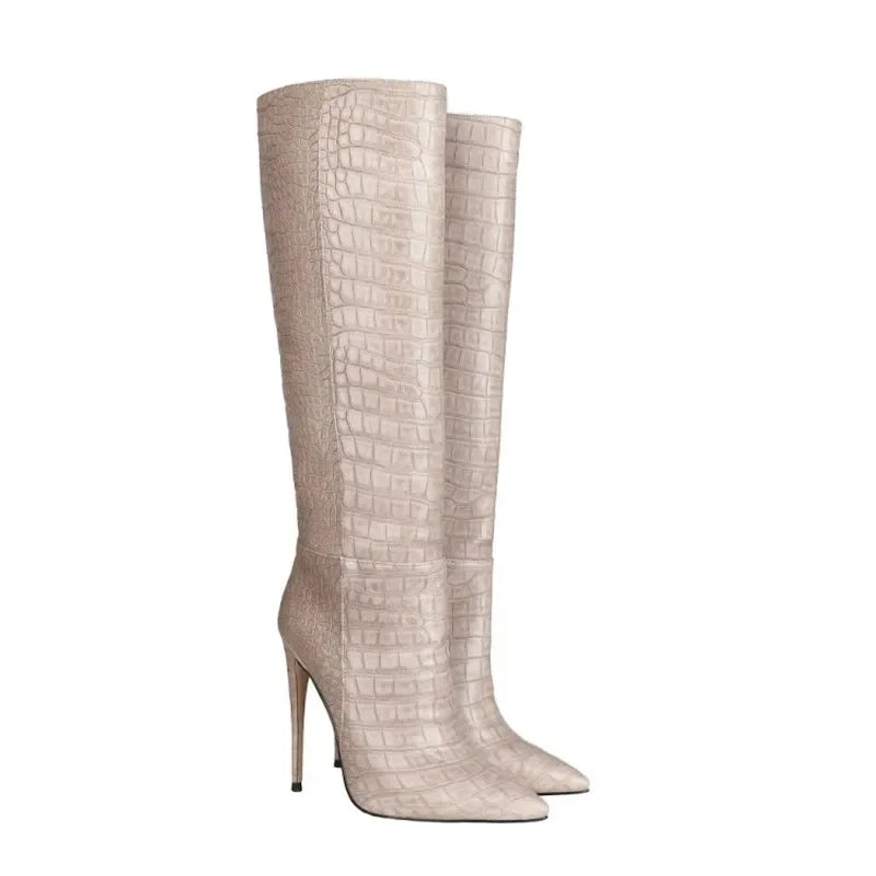 Pointed Toe Stiletto Boots for Women, Snake Pattern Sleeve, Long Tube Shoes, European and American Fashion, Winter
