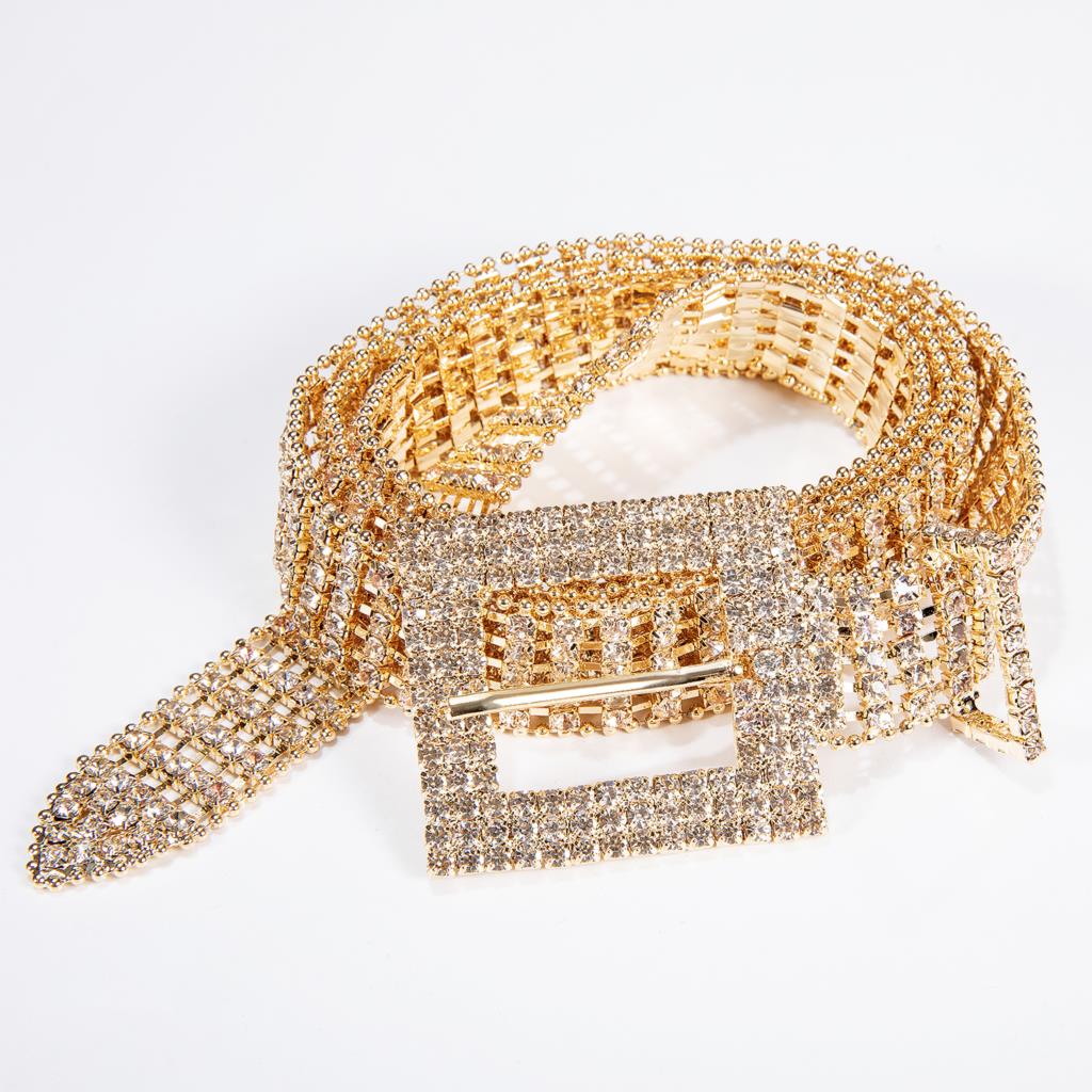 Cinto Feminino Corrente Strass Brilhante Dourado