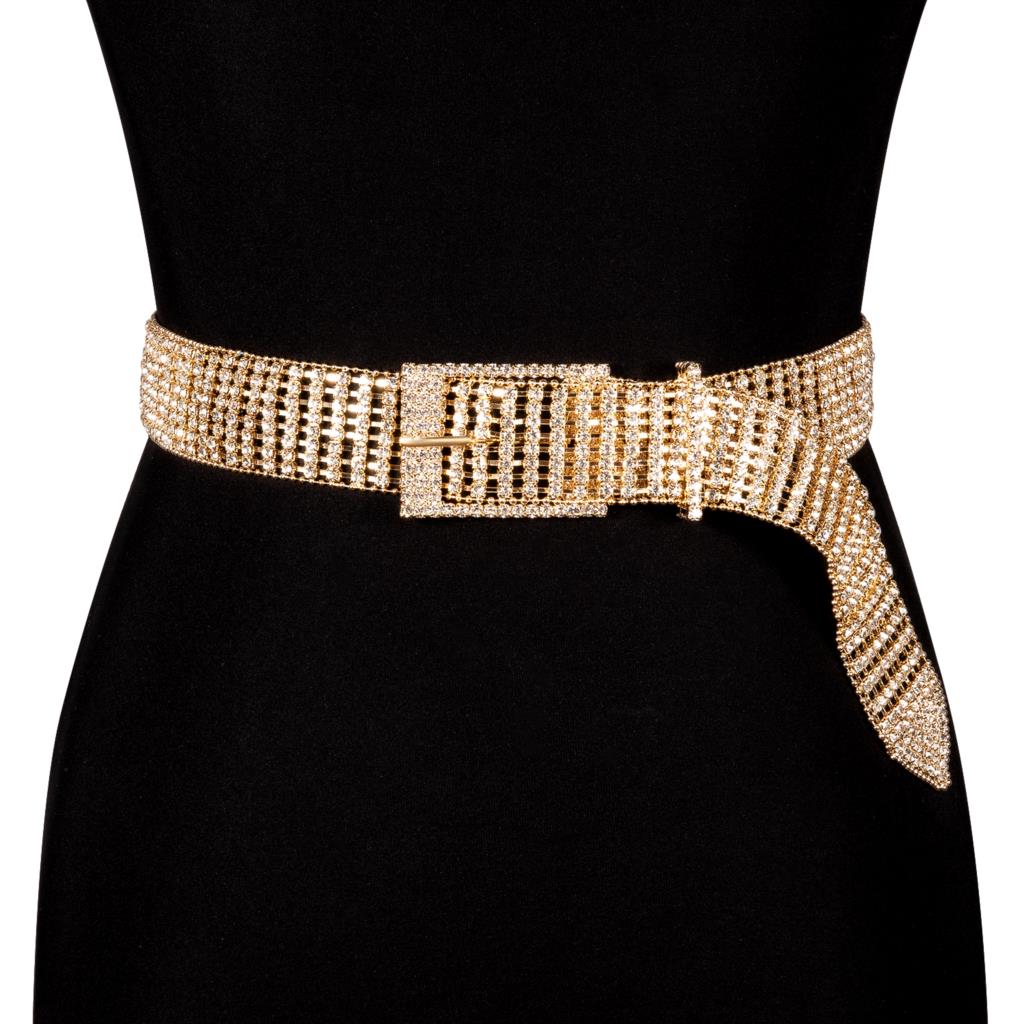 Cinto Feminino Corrente Strass Brilhante Dourado