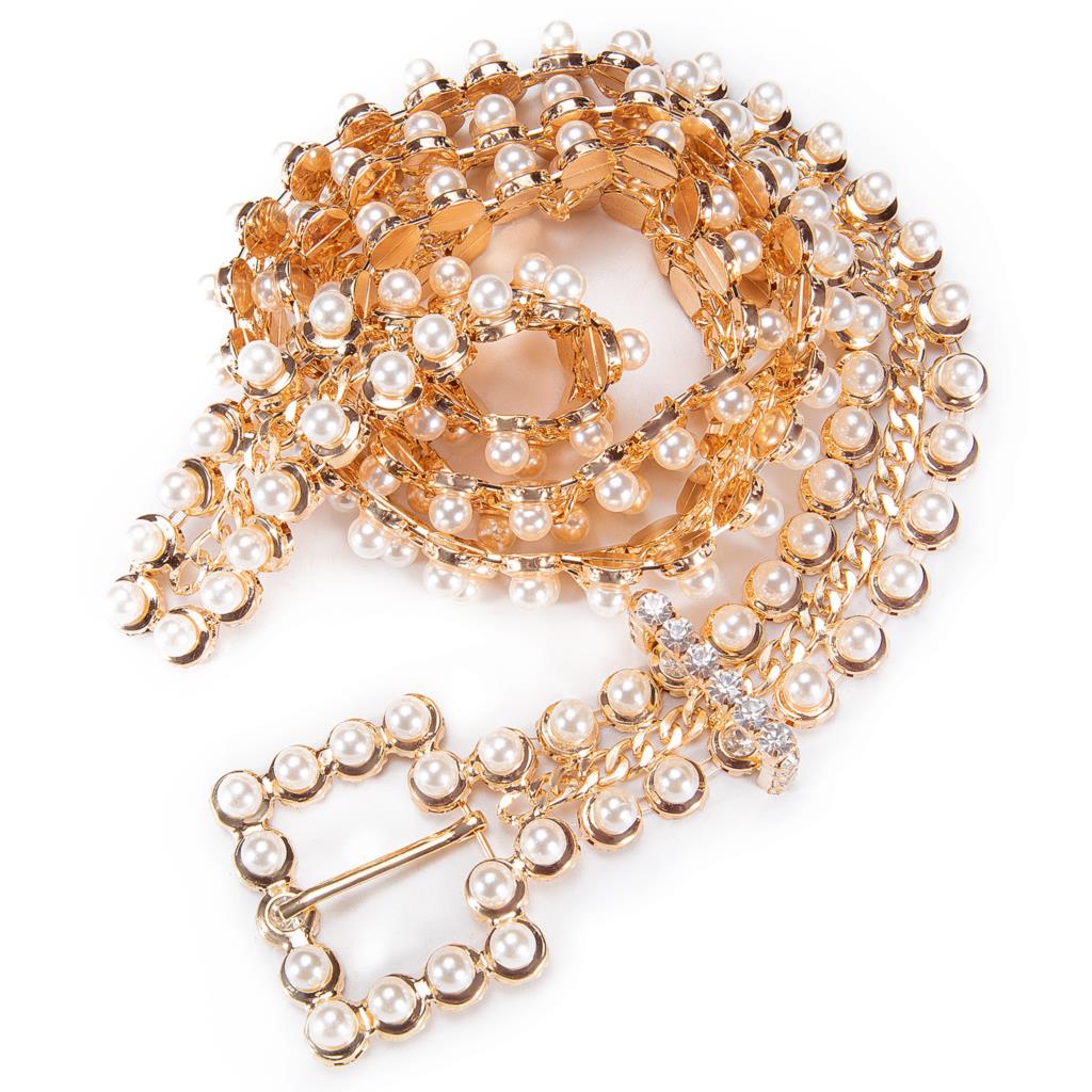 Cinto Feminino Corrente Strass Brilhante Dourado e Peróla