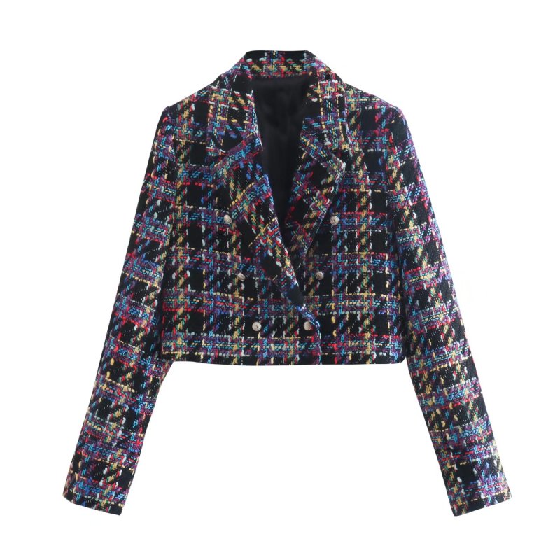 Blazer Cropped Feminino Tweed Multicolorido Vintage