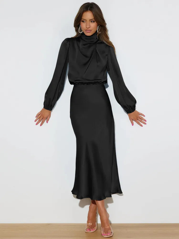 Vestido Midi Cetim Manga Longa 