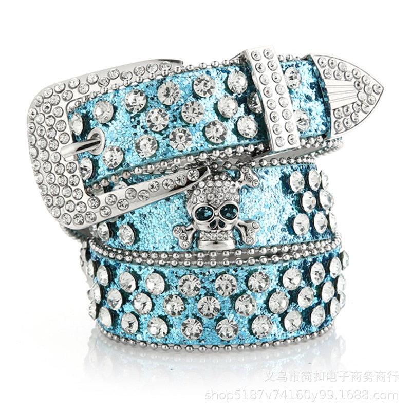 Cinto de Couro com Strass  Azul