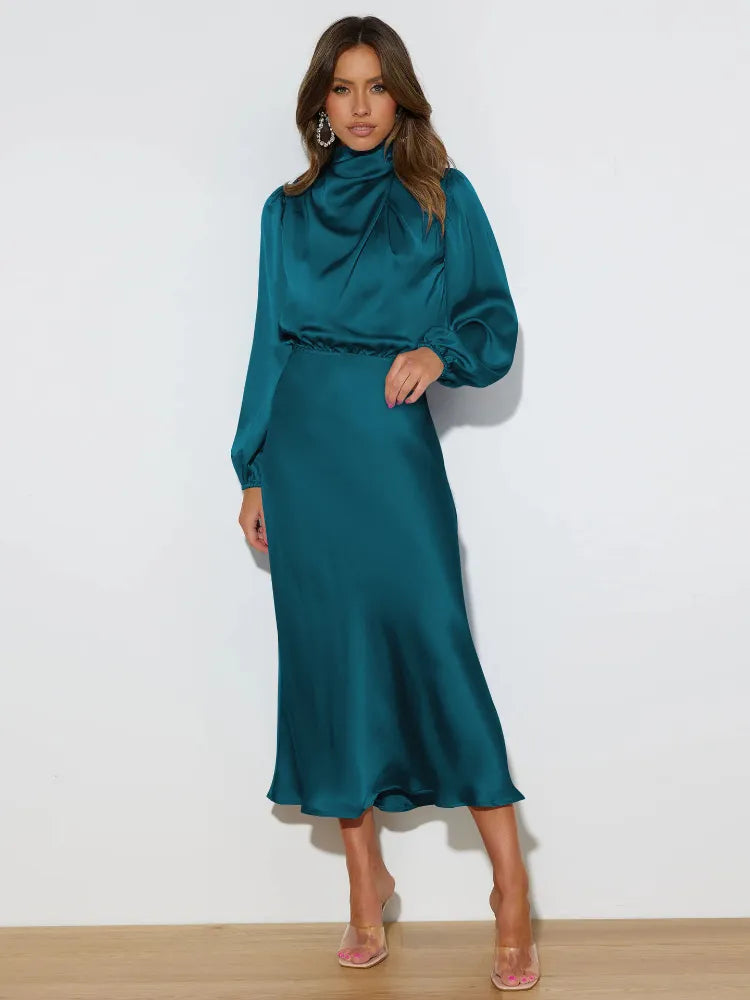  Vestido Midi Cetim Manga Longa