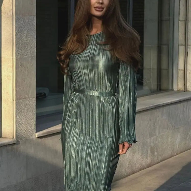  Vestido Midi Plissado Manga Longa