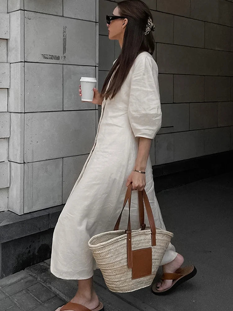  Vestido de Linho com Mangas Bufantes