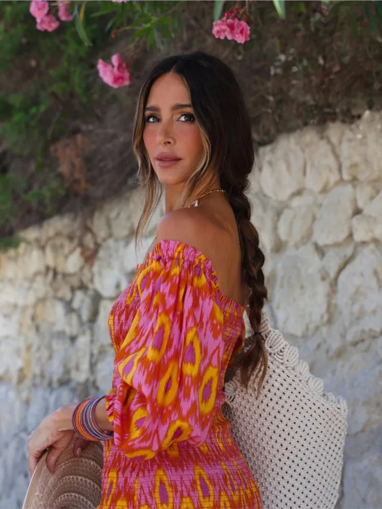Vestido Longo Estampado com Mangas Bufantes