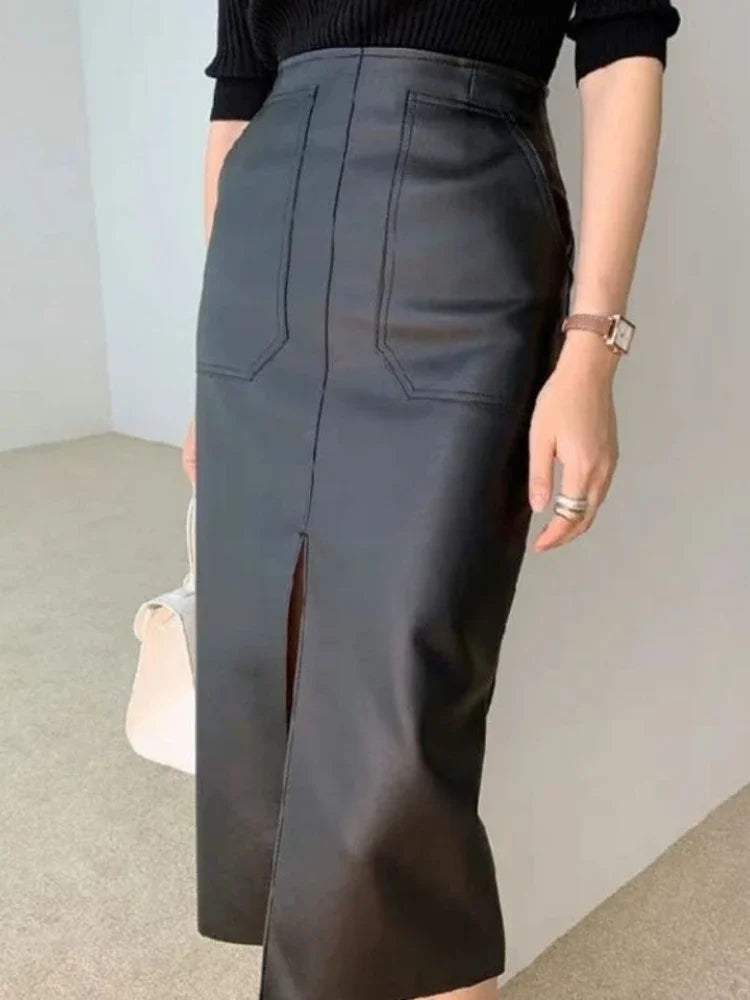   Saia Midi de Couro com Bolso