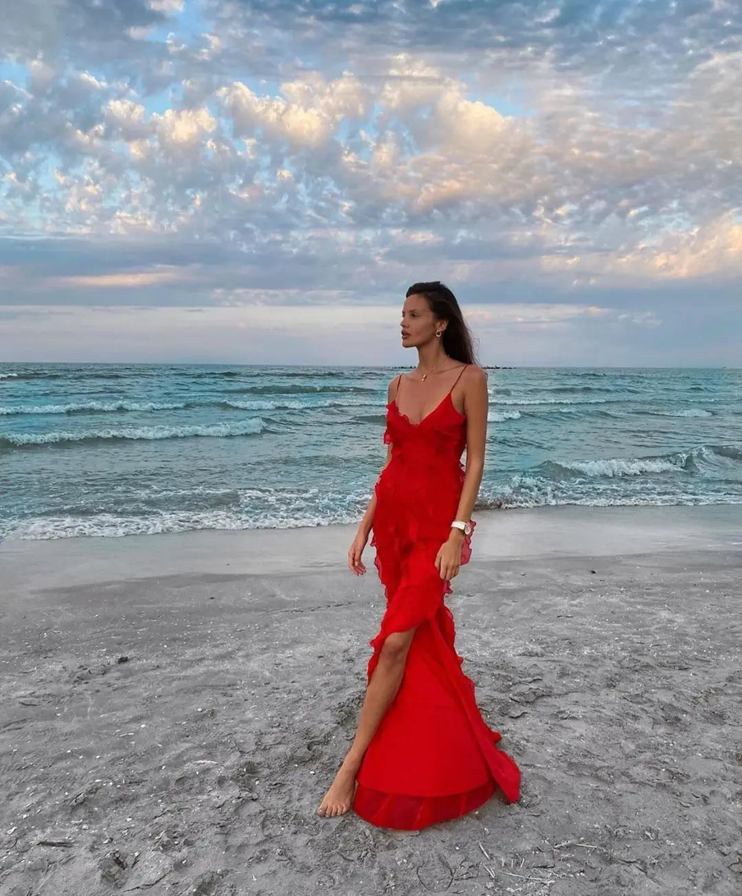 Vestido Longo no Chiffon com Babados