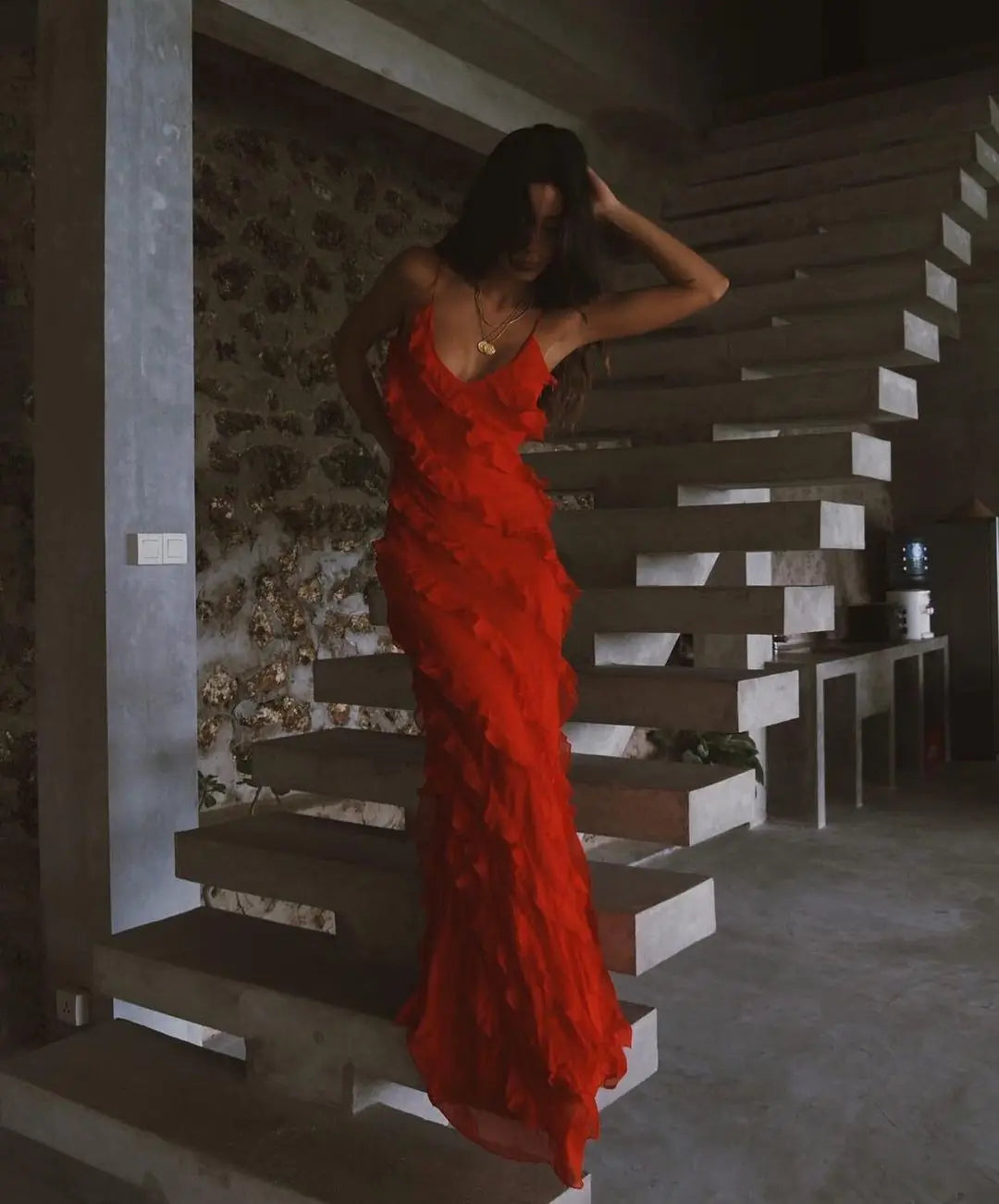 Vestido Longo no Chiffon com Babados