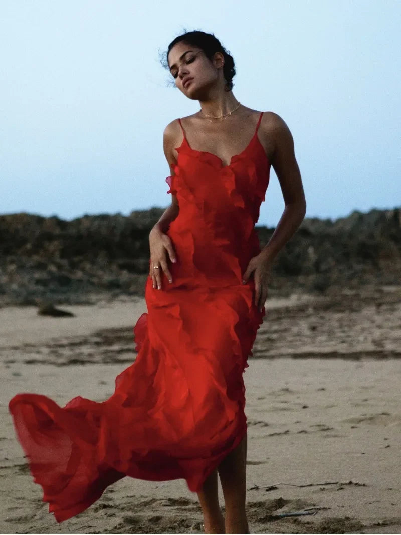 Vestido Longo no Chiffon com Babados