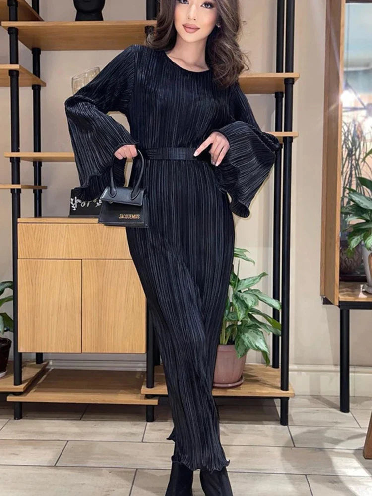 Vestido Midi Plissado Manga Longa