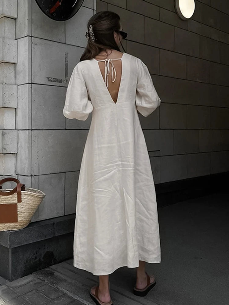  Vestido de Linho com Mangas Bufantes