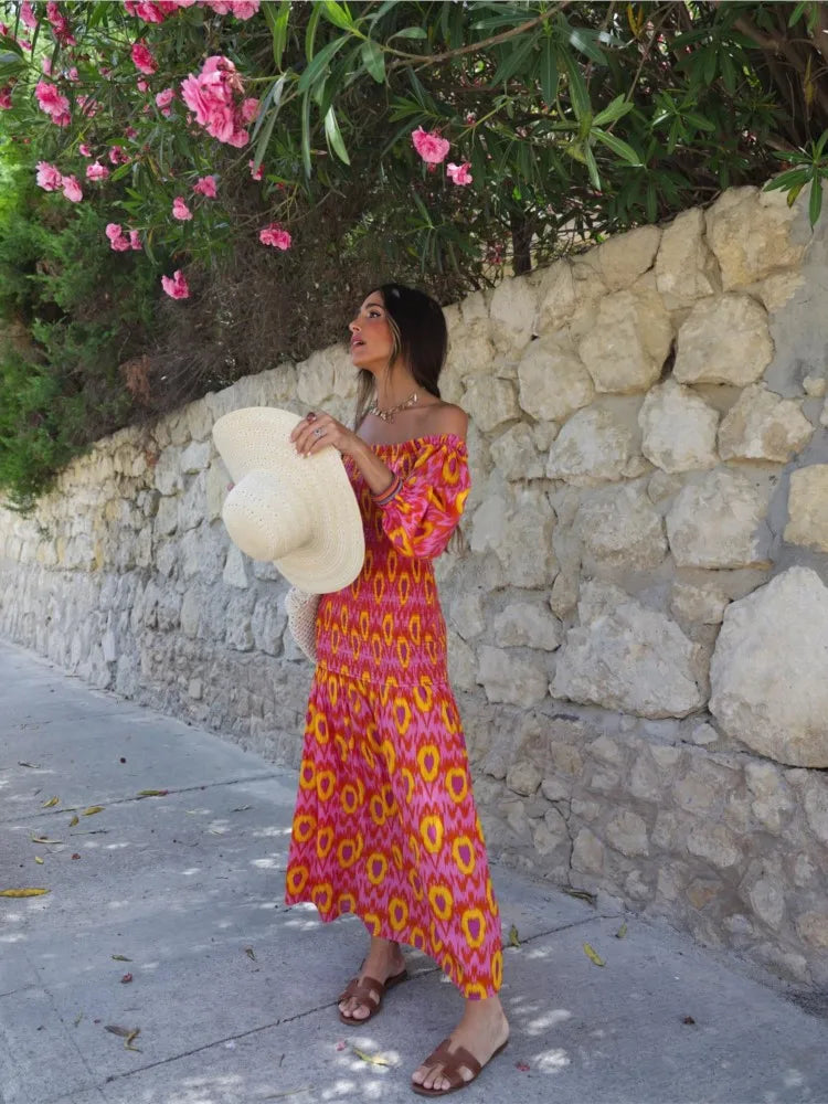 Vestido Longo Estampado com Mangas Bufantes