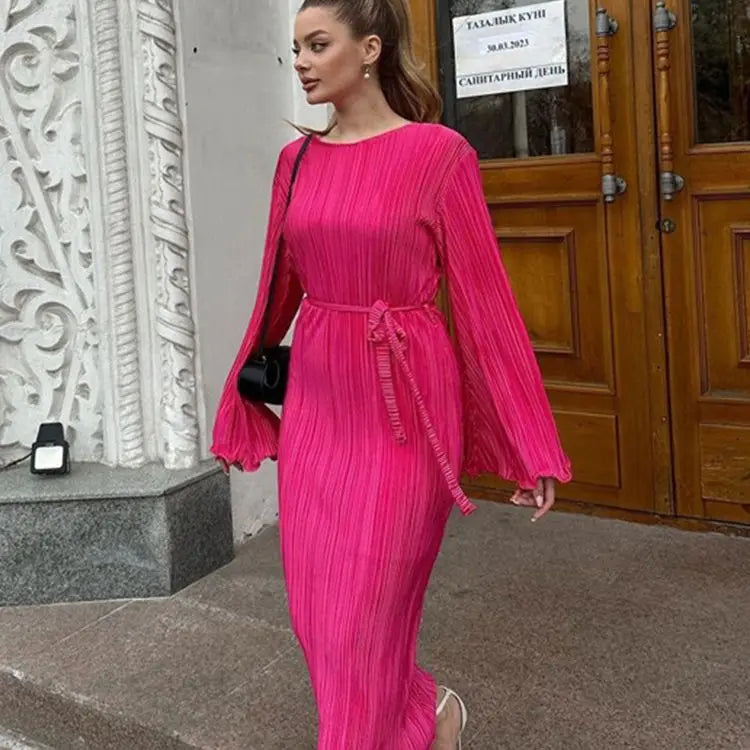  Vestido Midi Plissado Manga Longa