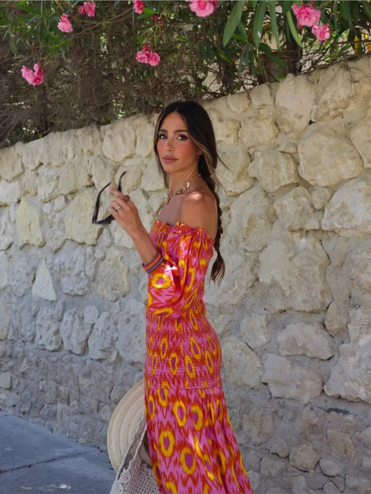 Vestido Longo Estampado com Mangas Bufantes
