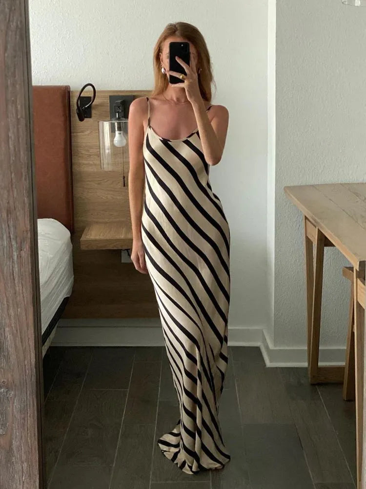 Elegant Satin Zebra Stripes Maxi Dress Women Sexy Spaghetti Straps Slim Long Summer Dress 2023 Backless Party Beach Dress