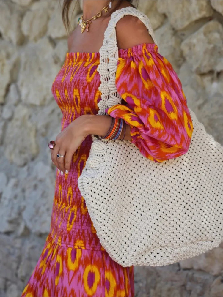 Vestido Longo Estampado com Mangas Bufantes