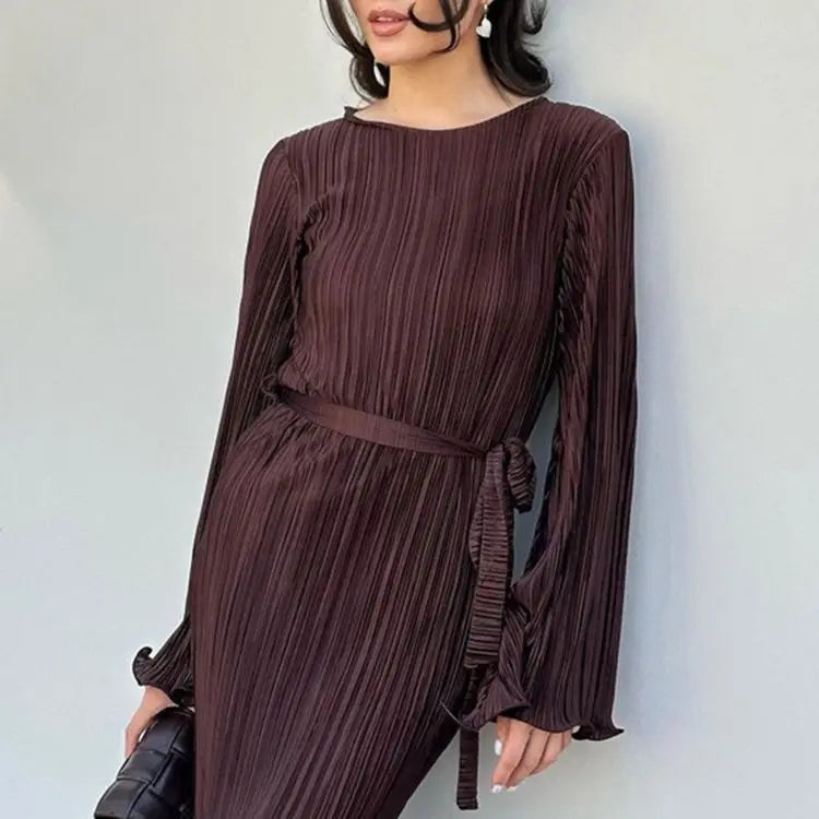  Vestido Midi Plissado Manga Longa