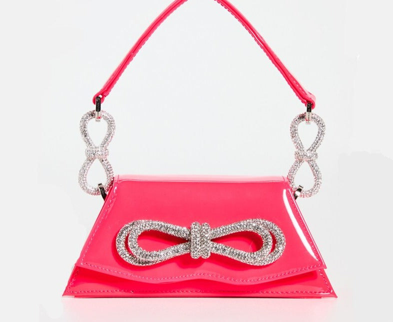 Bolsa Ombro Strass e Laço Rosa