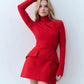  Vestido Cintura Alta Evase Gola Alta Manga Comprida