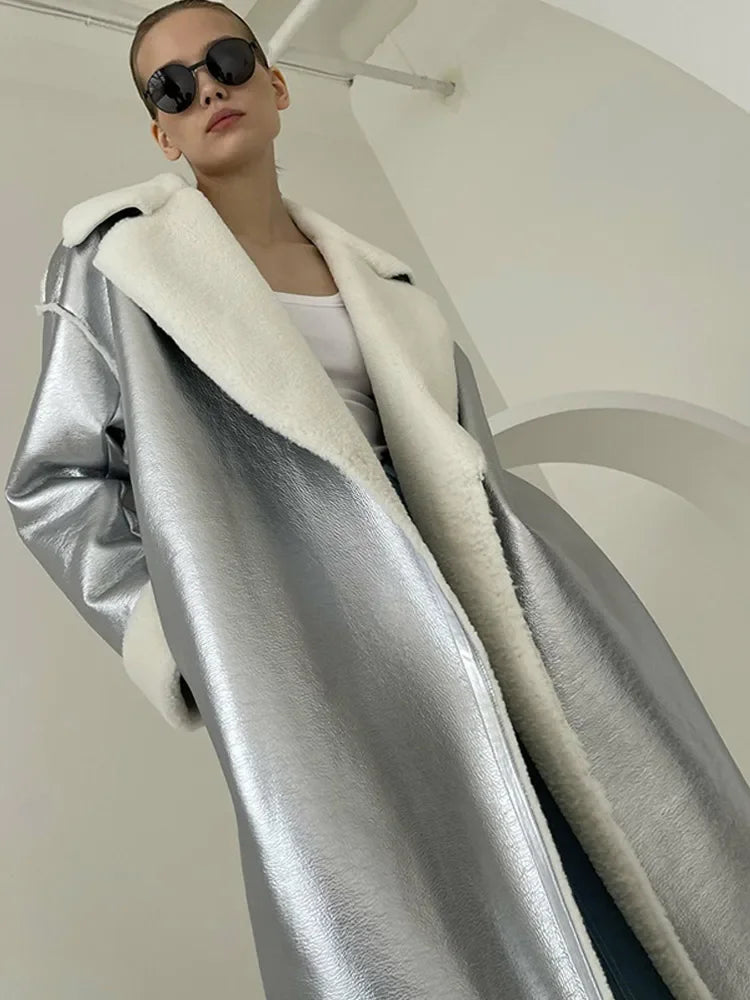 Casaco Trench Coat Feminino de Couro  Prata 