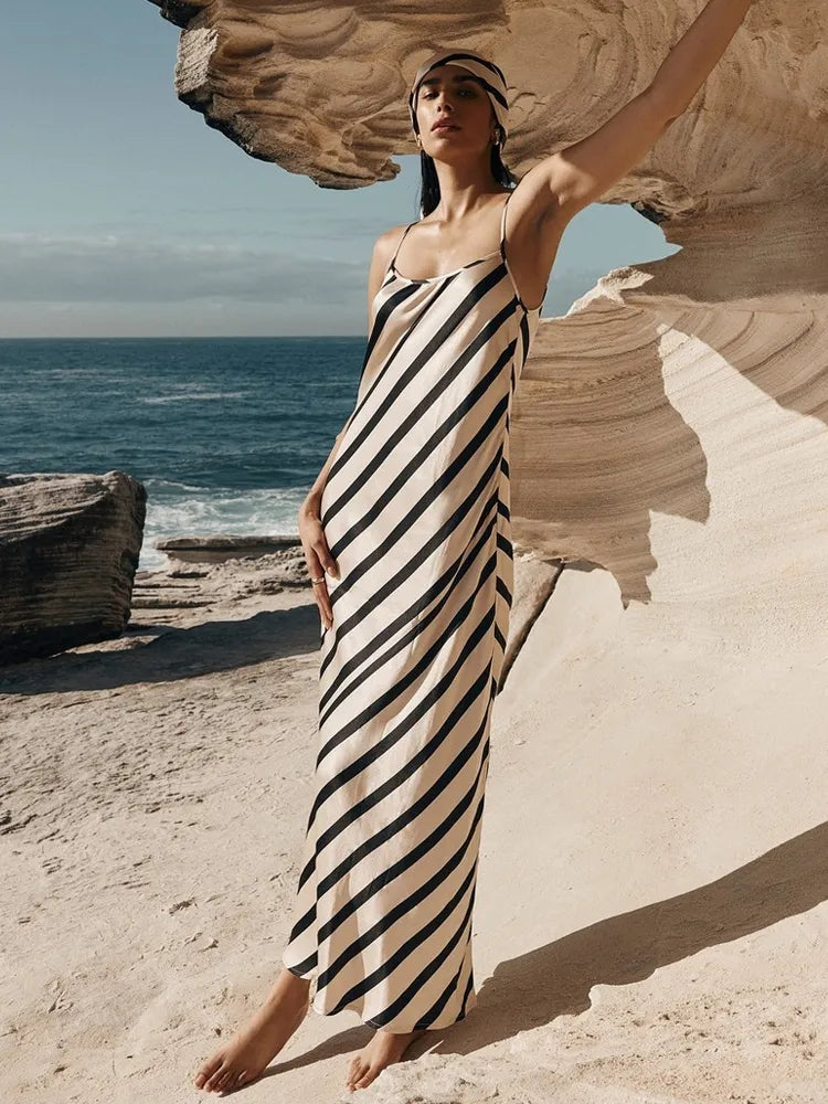Elegant Satin Zebra Stripes Maxi Dress Women Sexy Spaghetti Straps Slim Long Summer Dress 2023 Backless Party Beach Dress