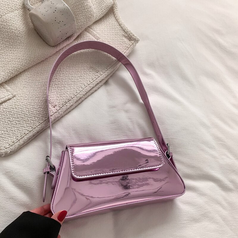 Bolsa Baguete de Couro Metálica Rosa