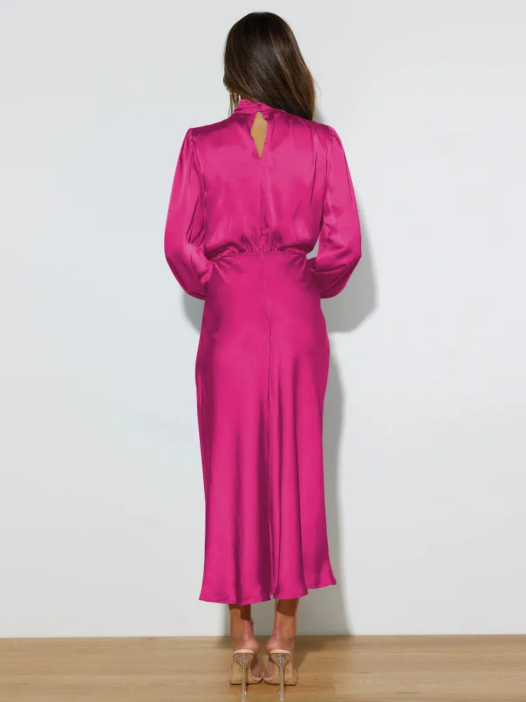 Vestido Midi Cetim Manga Longa
