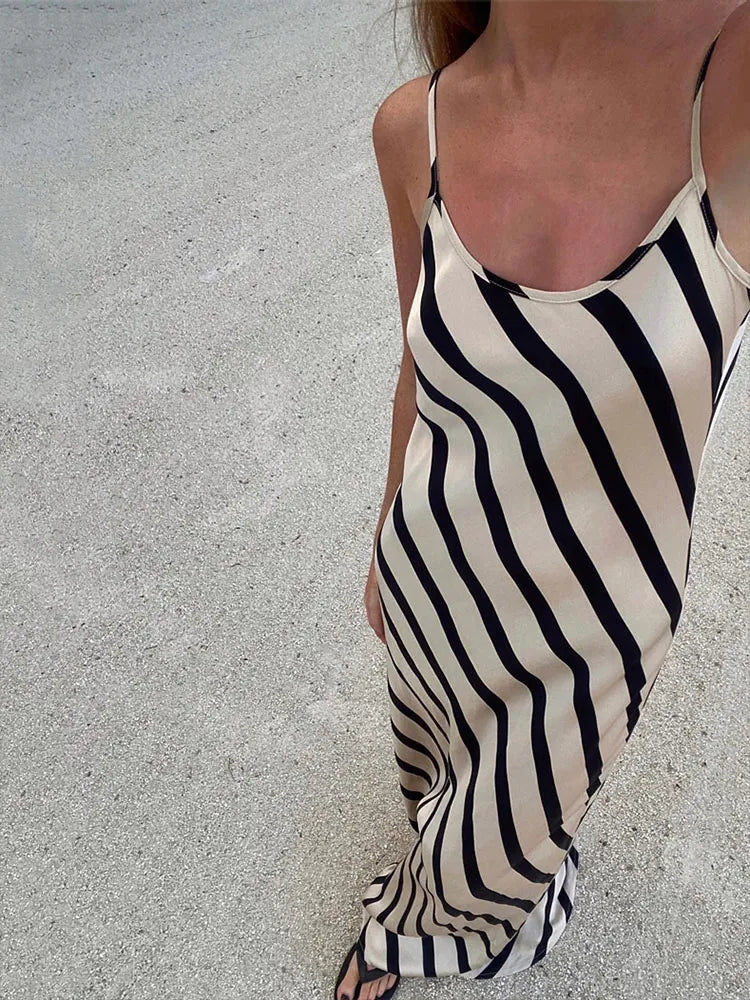 Elegant Satin Zebra Stripes Maxi Dress Women Sexy Spaghetti Straps Slim Long Summer Dress 2023 Backless Party Beach Dress