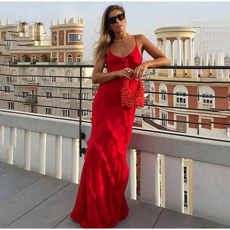 Vestido Longo no Chiffon com Babados