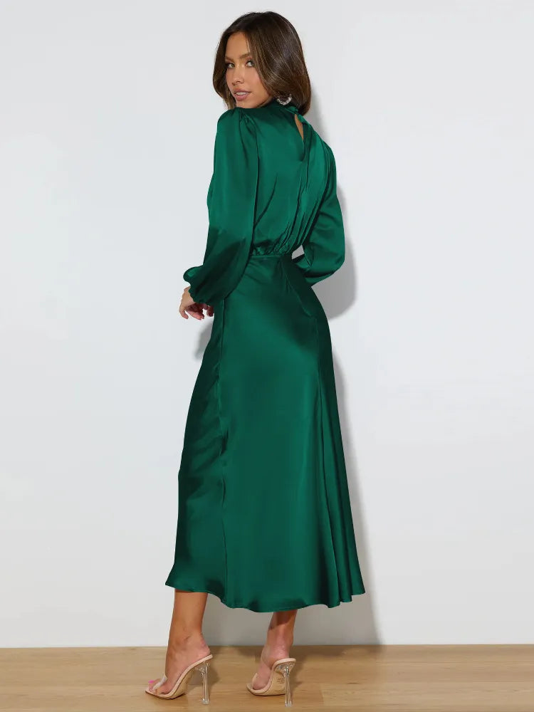   Vestido Midi Cetim Manga Longa