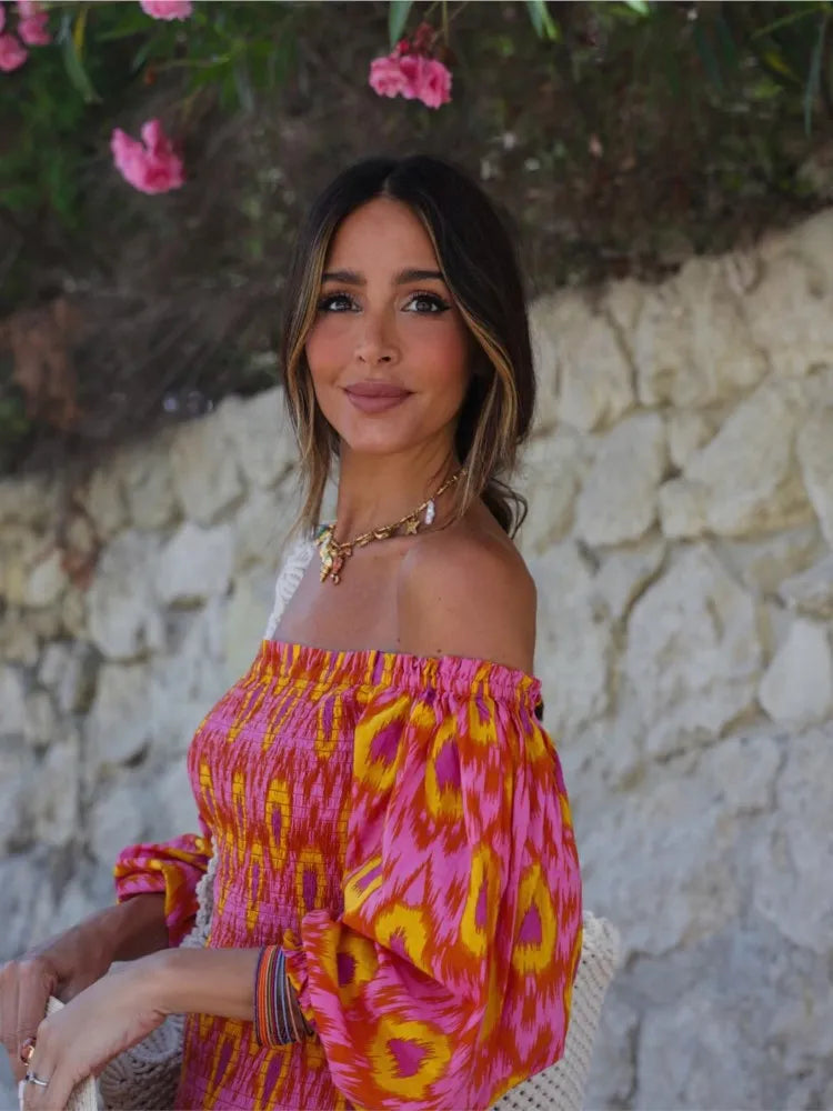 Vestido Longo Estampado com Mangas Bufantes