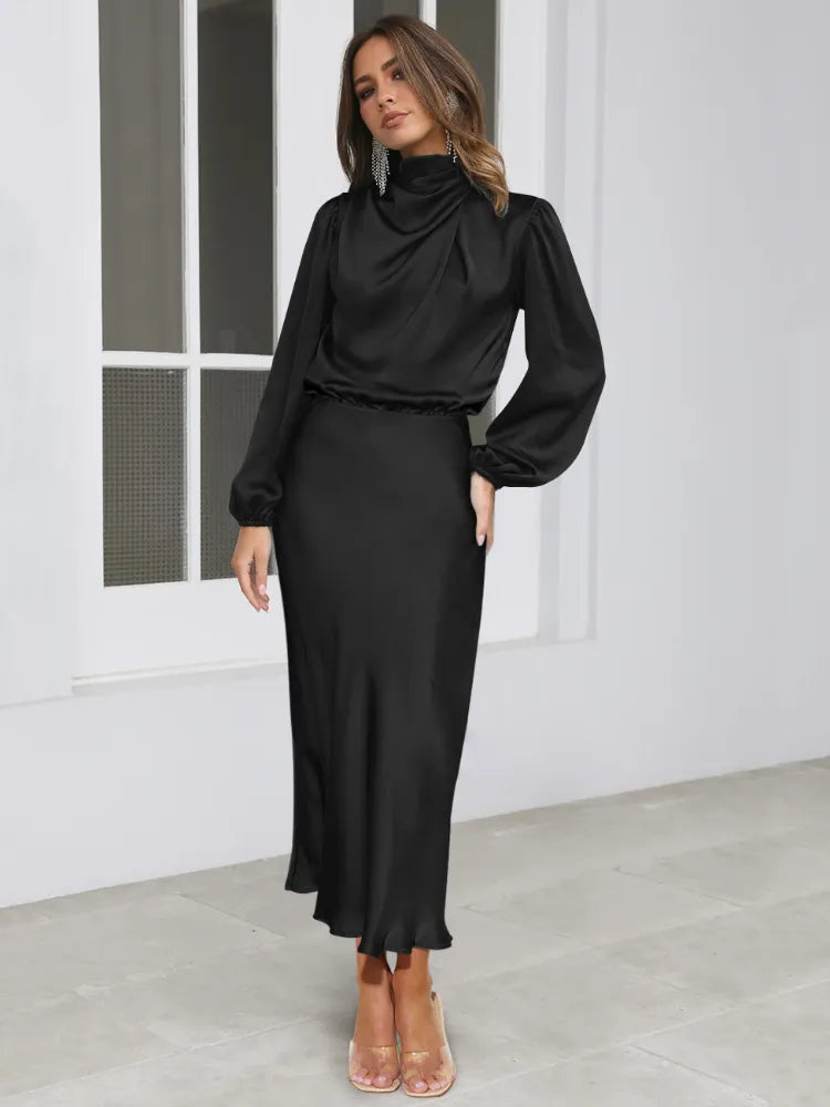  Vestido Midi Cetim Manga Longa