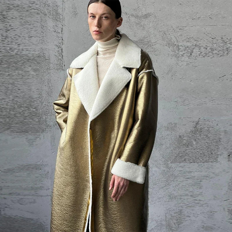 Casaco Trench Coat Feminino de Couro  Dourado