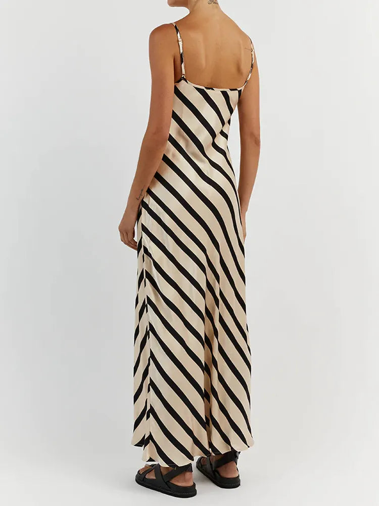 Elegant Satin Zebra Stripes Maxi Dress Women Sexy Spaghetti Straps Slim Long Summer Dress 2023 Backless Party Beach Dress
