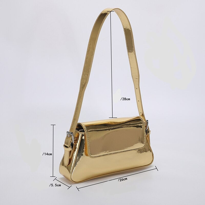Bolsa Baguete de Couro Metálica Dourada