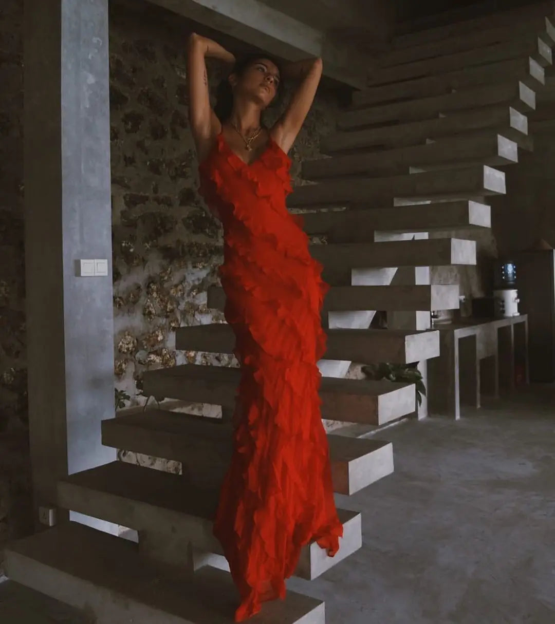 Vestido Longo no Chiffon com Babados