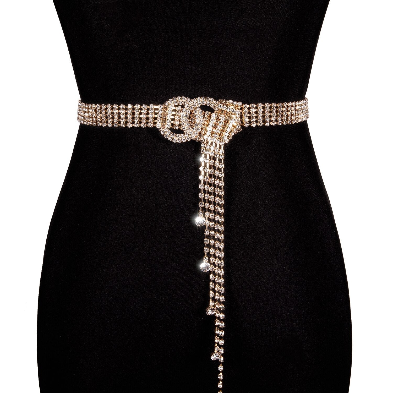 Cinto Feminino Corrente Strass Brilhante Dourado