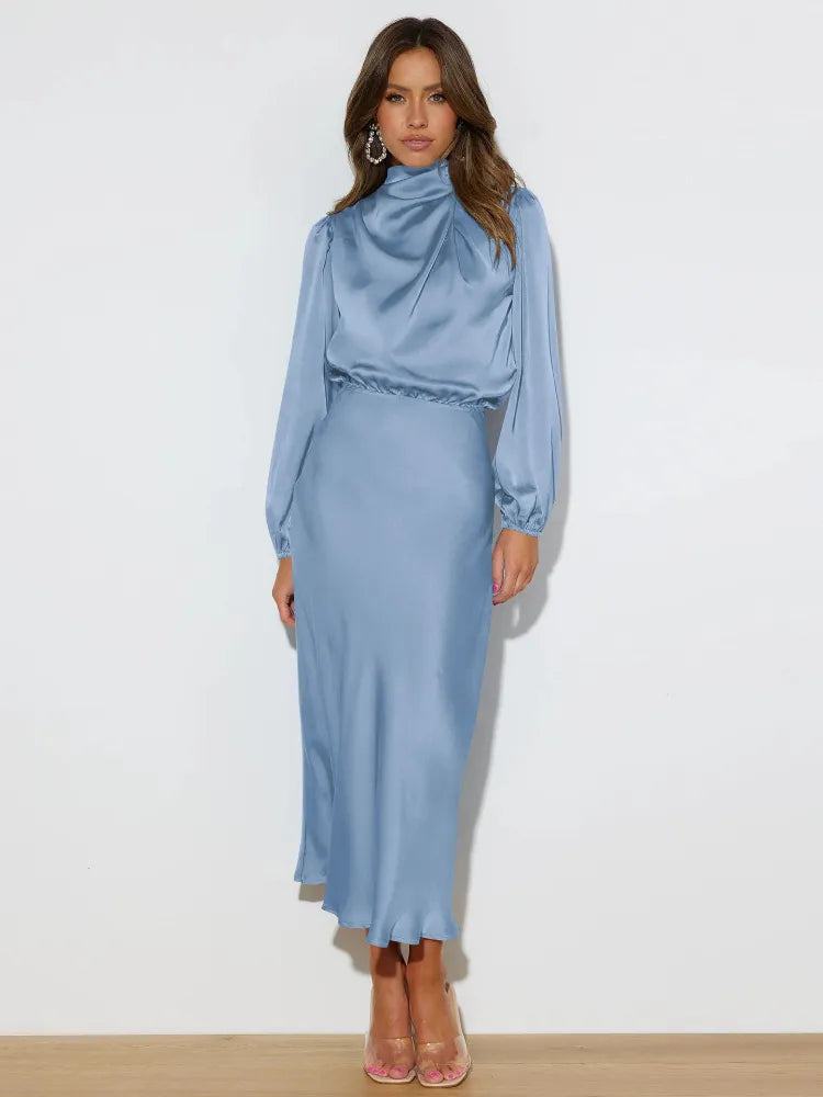  Vestido Midi Cetim Manga Longa