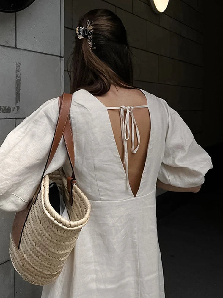  Vestido Longo de Linho com Mangas Bufantes