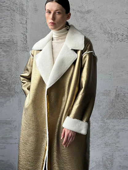 Casaco Trench Coat Feminino de Couro Dourado 