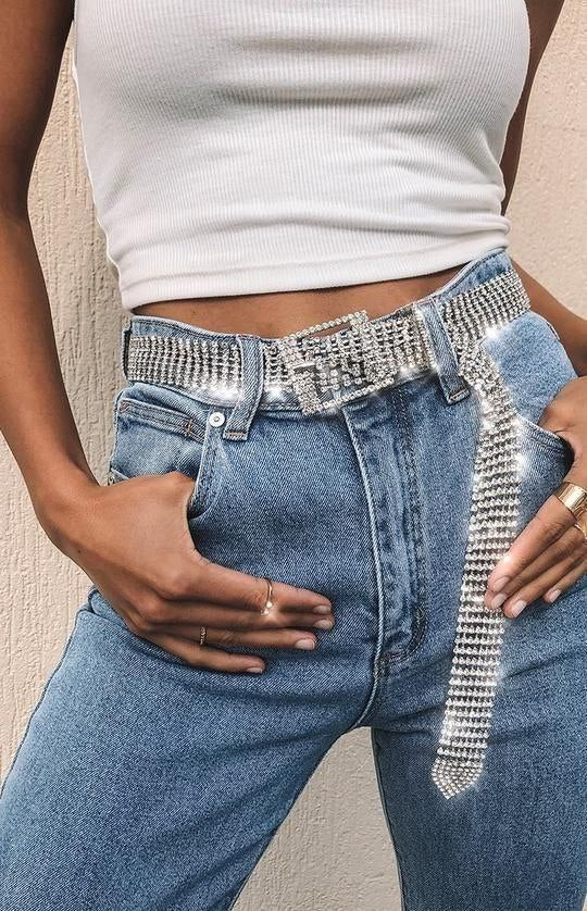 Cinto Feminino Corrente Strass Brilhante Prata